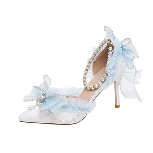 STARSHINE RESPLENDENT Elegante Hochzeits-Stilettos, Weiß mit Hellblauer Schleife, Perlen-Verzierung, Spitze Zehenkappe von STARSHINE RESPLENDENT