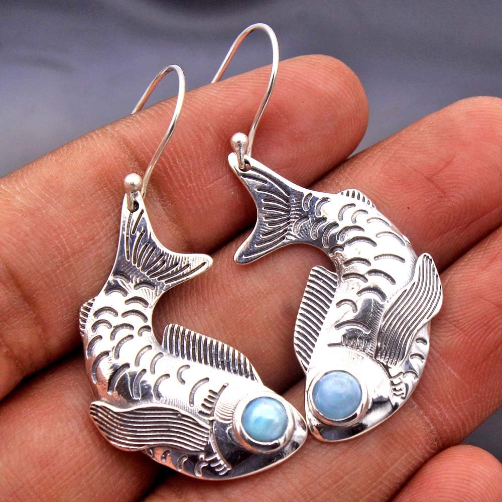 Larimar Ohrring, 925 Silber Handgemachter Fisch Tier Schmuck, Frauen Geschenke, Schmuck von STARSILVERUSA