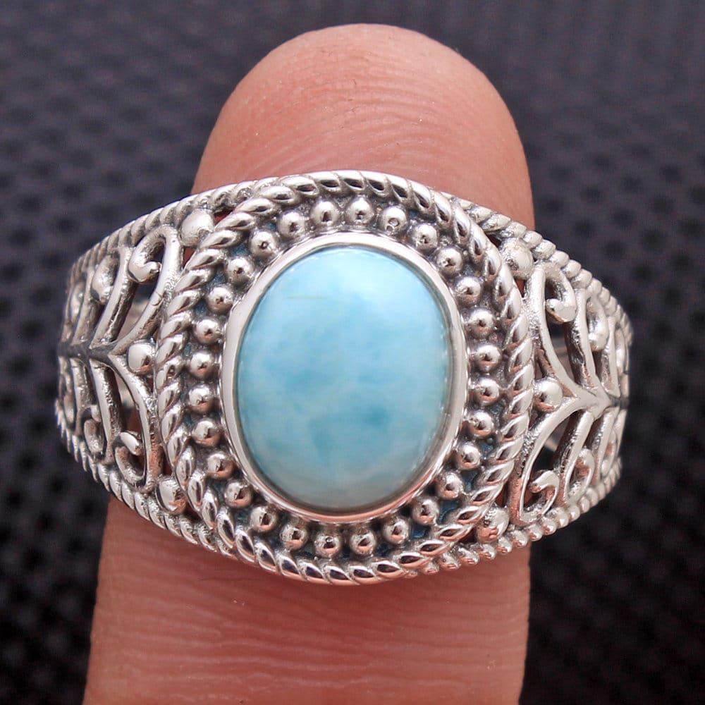 925 Silber Ring, Edelstein Larimar Geschenk Für Sie, Statement Oval Boho Ehering von STARSILVERUSA