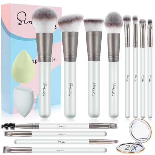 Pinselset Makeup Start Makers 12 Stück Make up Pinsel Set Foundationpinsel Premium Lidschatten Blush Puderpinsel Concealer Schminkpinsel Set mit 2 Blender-Schwämmen und Spiegel, Grau von START MAKERS