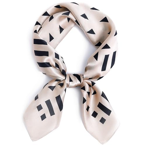 STARWHISPER Quadratischer Schal aus 100 % reiner Maulbeerseide, 68 x 68 cm, leichtes Halstuch, Haartuch, Kopftuch, Nachtschlafen, Beige-schwarze Geometrie, 27 x 27 inches von STARWHISPER