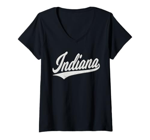 Damen Indiana Variety Script Retro Vintage Sport Style T-Shirt mit V-Ausschnitt Damen Indiana Variety Script Retro Vintage Sport Style T-Shirt mit V-Ausschnitt von STATE OF INDIANA CLASSIC RETRO VARSITY SCRIPT TEES