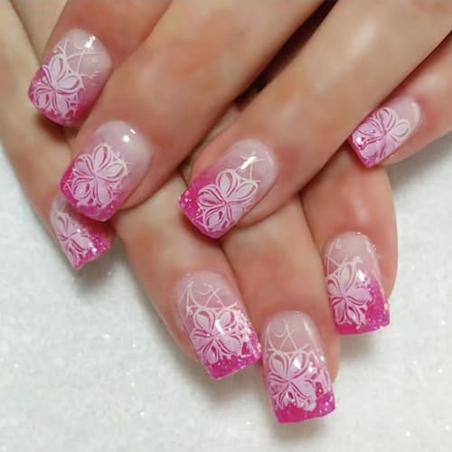 Quadratische French Tip Press on Nails Fashion Acryl Blumen Designs Künstliche Nägel Glänzend Stick On Nails für Frauen 24 Stück von STBQHG