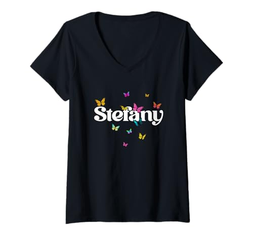 Damen Stefany - Schöner Mädchen Name mit bunten Schmetterlingen T-Shirt mit V-Ausschnitt von STEFANY Tochter Enkel Geburtstag Geschenkideen