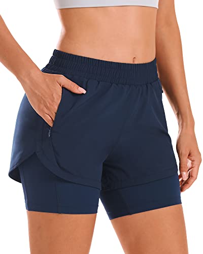 Stelle 2-in-1-Laufshorts für Damen, hohe Taille, athletische Shorts, Fitnessstudio, Workout-Shorts mit Innenfutter, Reißverschlusstaschen, Marineblau, Mittel von STELLE