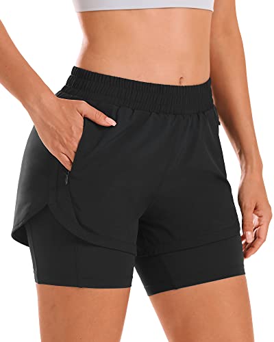 Stelle Damen 2 in 1 Laufshorts High Waist Workout Athletic Gym Yoga Shorts Liner mit Rei verschlusstaschen, Schwarz, Gro von STELLE