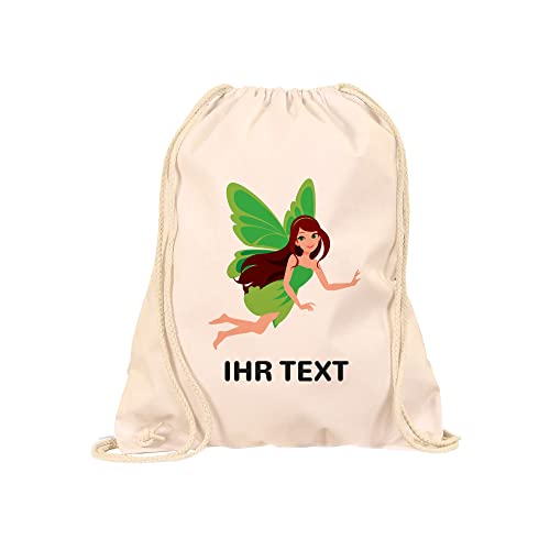 STEMPEL-FABRIK Turnbeutel Natur mit Aufdruck - Fee - Personalisiertes Geschenk - Stoffbeutel aus Baumwolle - Sportbeutel - Rucksackbeutel - Jutebeutel- Kinderrucksack - Geschenkidee für Kinder von STEMPEL-FABRIK