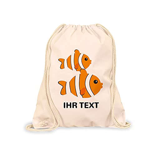 STEMPEL-FABRIK Turnbeutel Natur mit Aufdruck - Fische - Personalisiertes Geschenk - Stoffbeutel aus Baumwolle - Sportbeutel - Rucksack mit Tiermotiv - Jutebeutel- Kinderrucksack - Geschenkidee von STEMPEL-FABRIK