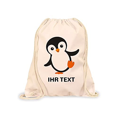 STEMPEL-FABRIK Turnbeutel Natur mit Aufdruck - Pinguin - Personalisiertes Geschenk - Stoffbeutel aus Baumwolle - Sportbeutel - Rucksack mit Tiermotiv - Jutebeutel- Kinderrucksack - Geschenkidee von STEMPEL-FABRIK