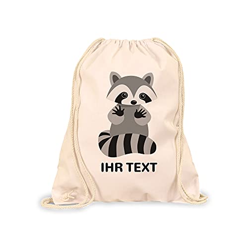 STEMPEL-FABRIK Turnbeutel Natur mit Aufdruck - Waschbär - Personalisiertes Geschenk - Stoffbeutel aus Baumwolle - Sportbeutel - Rucksack mit Tiermotiv - Jutebeutel- Kinderrucksack - Geschenkidee von STEMPEL-FABRIK