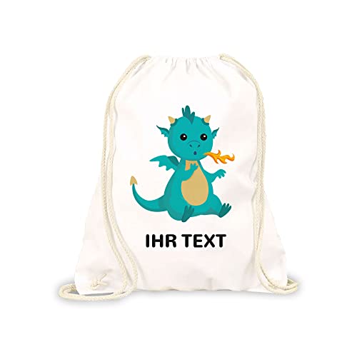 STEMPEL-FABRIK Turnbeutel Weiß mit Aufdruck - Drache - Personalisiertes Geschenk - Stoffbeutel aus Baumwolle - Sportbeutel - Rucksack mit Tiermotiv - Jutebeutel- Kinderrucksack - Geschenkidee von STEMPEL-FABRIK