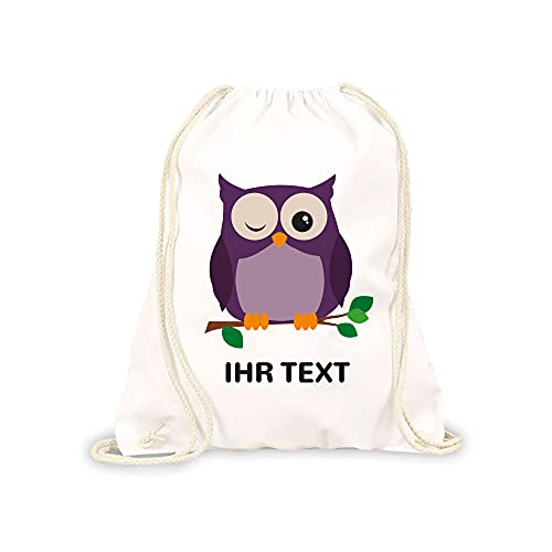 STEMPEL-FABRIK Turnbeutel Weiß mit Aufdruck - Eule - Personalisiertes Geschenk - Stoffbeutel aus Baumwolle - Sportbeutel - Rucksack mit Tiermotiv - Jutebeutel- Kinderrucksack - Geschenkidee von STEMPEL-FABRIK