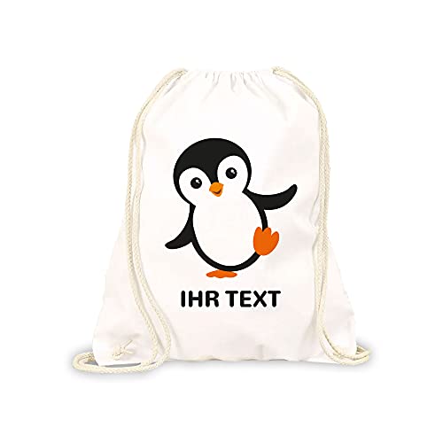 STEMPEL-FABRIK Turnbeutel Weiß mit Aufdruck - Pinguin - Personalisiertes Geschenk - Stoffbeutel aus Baumwolle - Sportbeutel - Rucksack mit Tiermotiv - Jutebeutel- Kinderrucksack - Geschenkidee von STEMPEL-FABRIK