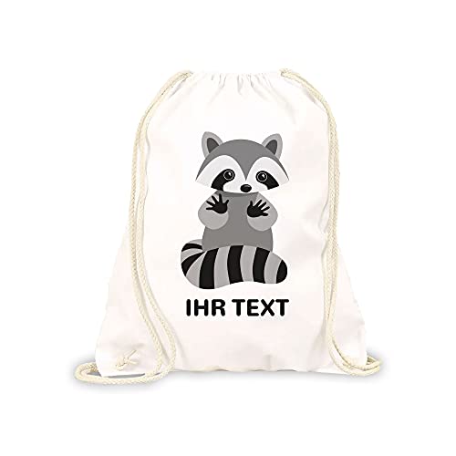 STEMPEL-FABRIK Turnbeutel Weiß mit Aufdruck - Waschbär - Personalisiertes Geschenk - Stoffbeutel aus Baumwolle - Sportbeutel - Rucksack mit Tiermotiv - Jutebeutel- Kinderrucksack - Geschenkidee von STEMPEL-FABRIK