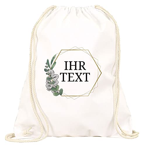 STEMPEL-FABRIK – personalisierbarer Turnbeutel in weiß mit Namen – Motiv Eukalyptus – bedruckter Stoffbeutel aus Baumwolle für Schule, Ausflüge & Co – Geschenkidee für Kinder und Erwachsene von STEMPEL-FABRIK
