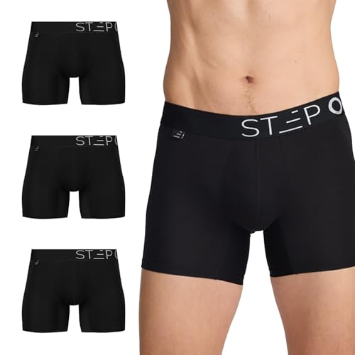 STEP ONE Herren Trunks Boxershorts – 3er Pack feuchtigkeitsabweisende Männer Trunks mit 3D-Tasche + Scheuerschutz, organische Bambus Unterwäsche Black M von STEP ONE