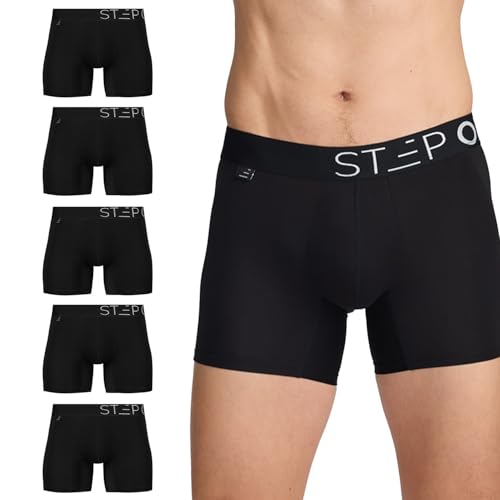 STEP ONE Herren Trunks Boxershorts – 5er Pack feuchtigkeitsabweisende Männer Trunks mit 3D-Tasche + Scheuerschutz, organische Bambus Unterwäsche Black 2XL von STEP ONE