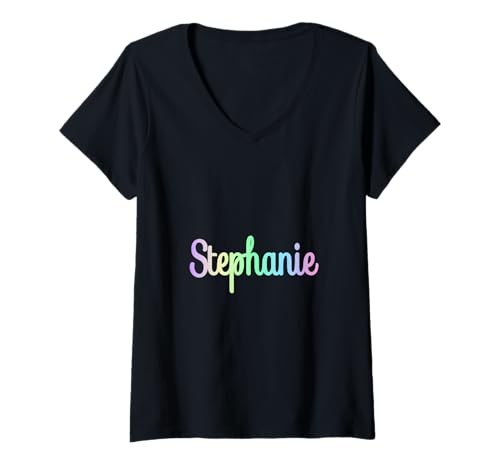 Damen Stephanie Minimalistischer Regenbogen Einfarbiger Text Lustige Neuheit Damen T-Shirt mit V-Ausschnitt von STEPHANIE Funny Sassy Custom Name Gift