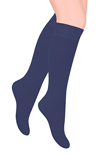 STEVEN Mädchen Kniestrümpfe I I Extra Fein Gekämmter Baumwolle Kniehohe Socken I Zwanglos oder Offiziell Lange Universelle Socken I Unisex I Größe EU26, EU27, EU28 I Marineblau von STEVEN