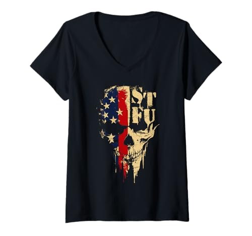 Damen STFU Totenkopf T-Shirt mit V-Ausschnitt von STFU Skull Patriotic Distressed Style for Men