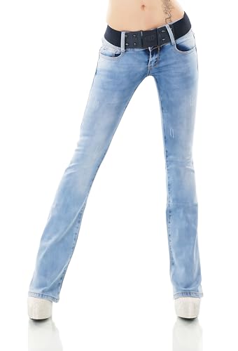 Damen Bootcut Jeans Hose Schlag Schlaghose Denim Stretch Gürtel XS-XL (DE/NL/SE/PL, Alphanumerisch, L, Regular, Regular, W360-Hellblau) von STIDIA