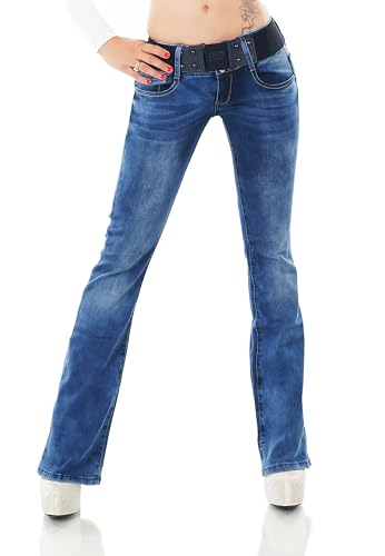 Damen Bootcut Jeans Hose Schlag Schlaghose Denim Stretch Gürtel XS-XL (DE/NL/SE/PL, Alphanumerisch, L, Regular, Regular, W361-Blau) von STIDIA