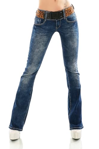 Damen Bootcut Jeans Hose Schlag Schlaghose Denim Stretch Gürtel XS-XL (DE/NL/SE/PL, Alphanumerisch, M, Regular, Regular, Dunkelblau/382-15) von STIDIA