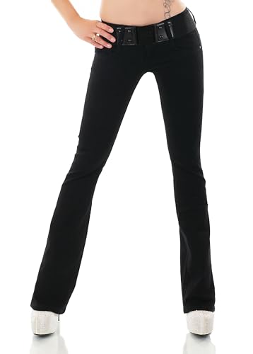 Damen Bootcut Jeans Hose Schlag Schlaghose Denim Stretch Gürtel XS-XL (DE/NL/SE/PL, Alphanumerisch, M, Regular, Regular, W325-Schwarz) von STIDIA