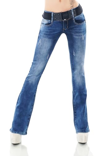 Damen Bootcut Jeans Hose Schlag Schlaghose Denim Stretch Gürtel XS-XL (DE/NL/SE/PL, Alphanumerisch, S, Regular, Regular, W362-Blau) von STIDIA