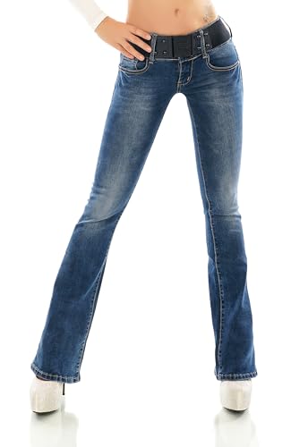 Damen Bootcut Jeans Hose Schlag Schlaghose Denim Stretch Gürtel XS-XL (DE/NL/SE/PL, Alphanumerisch, XL, Regular, Regular, Dunkelblau-W382) von STIDIA