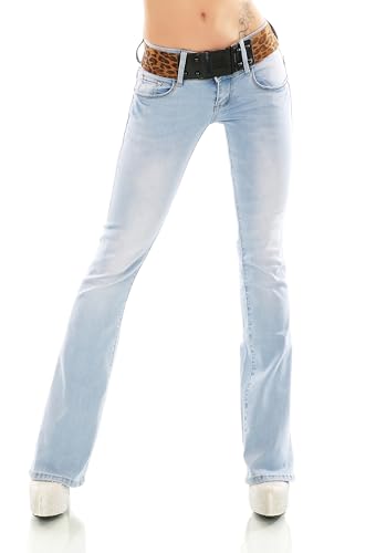 Damen Bootcut Jeans Hose Schlag Schlaghose Denim Stretch Gürtel XS-XL (DE/NL/SE/PL, Alphanumerisch, XL, Regular, Regular, Hellblau/382-16) von STIDIA