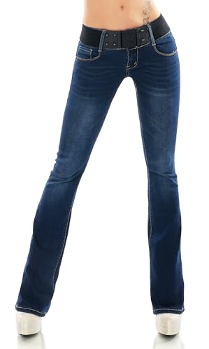 Damen Bootcut Jeans Hose Schlag Schlaghose Denim Stretch Gürtel XS-XL (DE/NL/SE/PL, Alphanumerisch, XL, Regular, Regular, W3012-Dunkelblau) von STIDIA