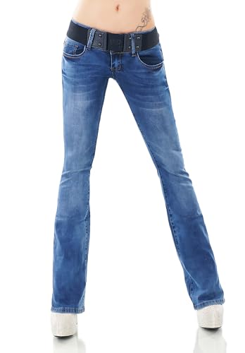 Damen Bootcut Jeans Hose Schlag Schlaghose Denim Stretch Gürtel XS-XL (DE/NL/SE/PL, Alphanumerisch, XS, Regular, Regular, W351-Blau) von STIDIA