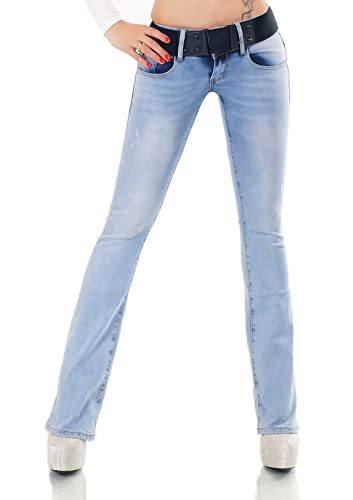 Damen Bootcut Jeans Hose Schlag Schlaghose Denim Stretch Gürtel XS-XL (as3, Alpha, s, Regular, Regular, WT350-Hellblau) von STIDIA