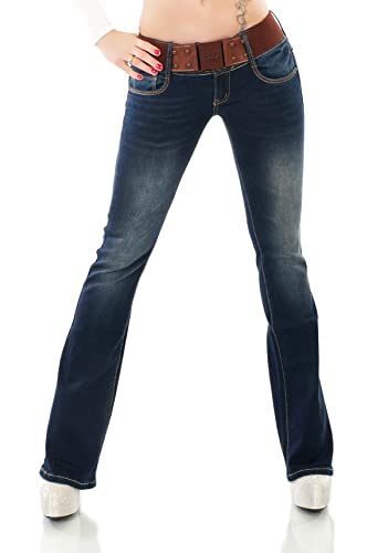 Damen Bootcut Jeans Hose Schlag Schlaghose Denim Stretch Gürtel XS-XL (as3, Alpha, s, Regular, Regular, WT365-Dunkelblau) von STIDIA