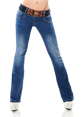 Damen Bootcut Jeans Hose Schlag Schlaghose Denim Stretch Gürtel XS-XL (as3, Alpha, x_s, Regular, Regular, WT366-Blau) von STIDIA