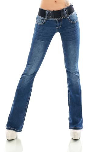 Damen Bootcut Jeans Hose Schlag Schlaghose Denim Stretch Gürtel XS-XXL (DE/NL/SE/PL, Numerisch, 34, Regular, Regular, Dunkelblau-W386) von STIDIA