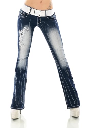 Damen Bootcut Jeans Hose Schlaghose Verschiedene Stickerei Tattoo Drache Strauß Schriftzug inkl. Gürtel XS-XXL (DE/NL/SE/PL, Numerisch, 44, Regular, Regular, W3010-Silber) von STIDIA