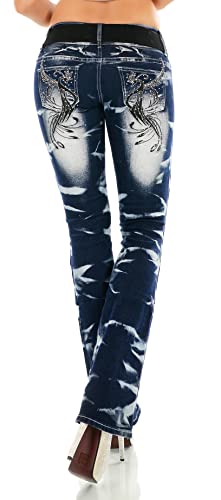 Damen Bootcut Jeans Hose Schlaghose Verschiedene Stickerei Tattoo Drache Strauß Schriftzug inkl. Gürtel XS-XXL (as3, Numeric, Numeric_34, Regular, Regular, WT375-Schwarz, XS/34) von STIDIA