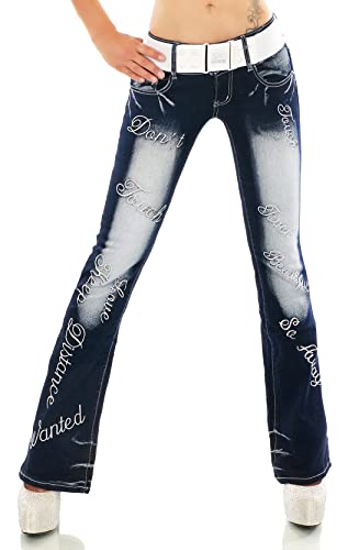 STIDIA Damen Bootcut Jeans Hose Schlaghose Verschiedene Stickerei Tattoo Drache Strauß Schriftzug inkl. Gürtel XS-XXL (as3, Numeric, Numeric_34, Regular, Regular, WT376-Silber, XS/34) von STIDIA