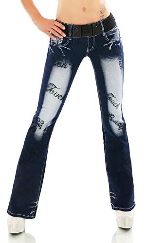 STIDIA Damen Bootcut Jeans Hose Schlaghose Verschiedene Stickerei Tattoo Drache Strauß Schriftzug inkl. Gürtel XS-XXL (as3, Numeric, Numeric_36, Regular, Regular, WT376-Schwarz, S/36) von STIDIA