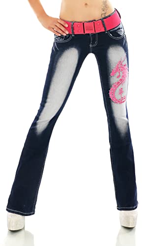 STIDIA Damen Bootcut Jeans Hose Schlaghose Verschiedene Stickerei Tattoo Drache Strauß Schriftzug inkl. Gürtel XS-XXL (as3, Numeric, Numeric_38, Regular, Regular, WT373-Pink, M/38) von STIDIA