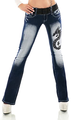 Damen Bootcut Jeans Hose Schlaghose Verschiedene Stickerei Tattoo Drache Strauß Schriftzug inkl. Gürtel XS-XXL (as3, Numeric, Numeric_40, Regular, Regular, WT373-Schwarz, L/40) von STIDIA