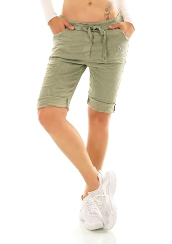 Damen Capri Shorts Kurze Hose Baggy Chino goldene Seitenstreifen 34-38 (DE/NL/SE/PL, Alphanumerisch, Einheitsgröße, Regular, Regular, Olive) von STIDIA