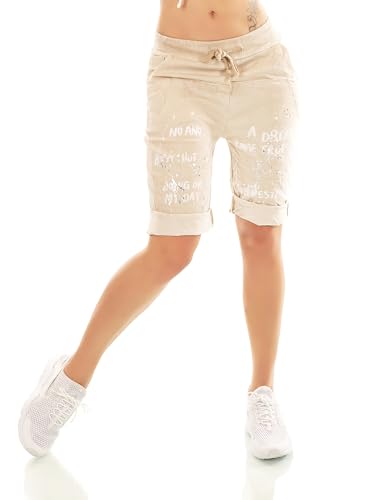 Damen Capri Shorts Kurze Hose Baggy Chino mit Schriftzug 36-40 (DE/NL/SE/PL, Alphanumerisch, Einheitsgröße, Regular, Regular, Beige) von STIDIA