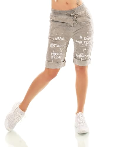 Damen Capri Shorts Kurze Hose Baggy Chino mit Schriftzug 36-40 (DE/NL/SE/PL, Alphanumerisch, Einheitsgröße, Regular, Regular, Grau) von STIDIA