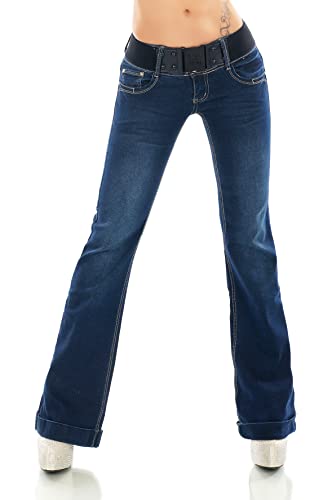 Damen Hüft Bootcut Jeans Hose Schlag Flarecut Stretch Denim Umschlagsaum Gürtel (as3, Alpha, l, Regular, Regular, Dunkelblau/381-15) von Stidia