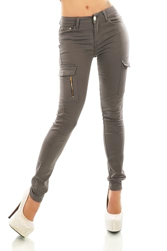 Damen Jeans Hose Cargo Look aufgesetzte Taschen Röhrenjeans Skinny Slim Fit Zipper XS S M L XL (DE/NL/SE/PL, Alphanumerisch, S, Regular, Regular, Grau-2020) von STIDIA