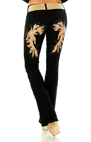 STIDIA Damen Bootcut Jeans Hose Schlaghose Flamme Kunstleder Stickerei Tattoo Gürtel XS-XXL (as3, Alpha, x_l, Regular, Regular, Schwarz-Gold, Regulär) von STIDIA