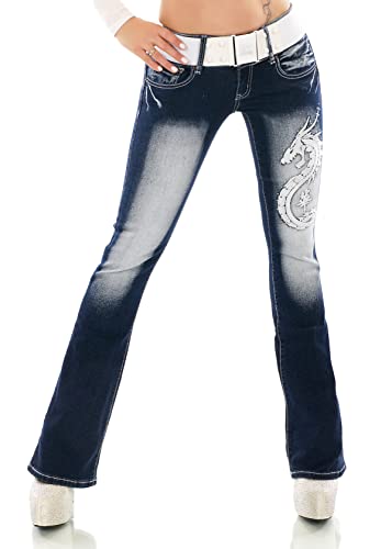Damen Bootcut Jeans Hose Schlaghose Verschiedene Stickerei Tattoo Drache Strauß Schriftzug inkl. Gürtel XS-XXL (as3, Numeric, Numeric_34, Regular, Regular, WT373-Silber, XS/34) von STIDIA